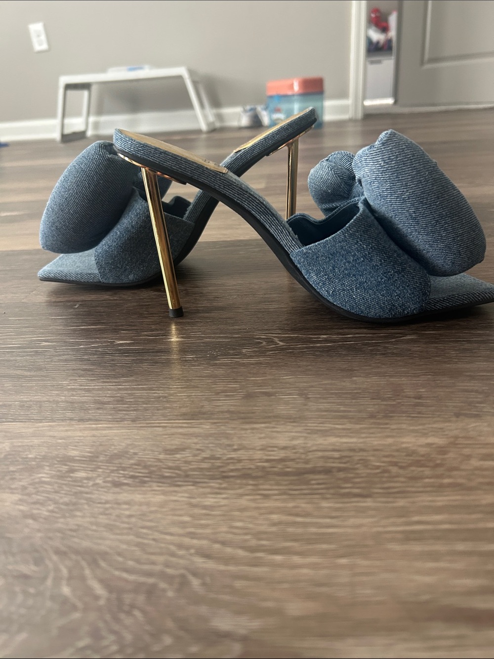 Jeffrey Campbell Denim Bow Slide Sandals - Blue with Yellow Insole - Picture 2 of 5